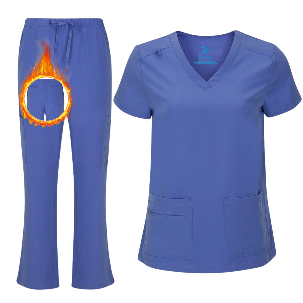 Women's Cool Stretch V-Neck Top and Cargo Pant Scrub Set with Regular and Petite Sizes