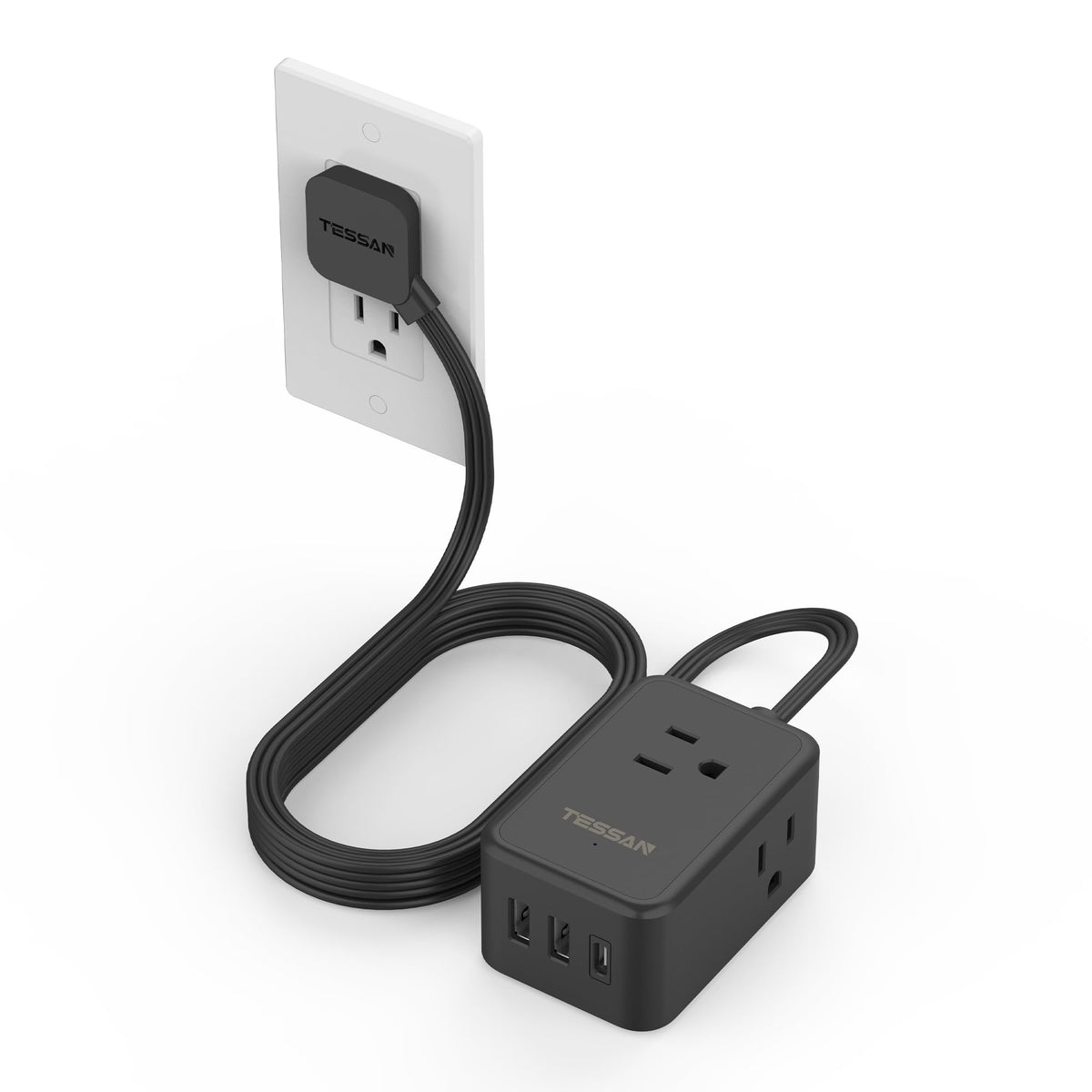 TESSAN Small Flat Plug Power Strip, Ultra Thin Extension Cord 5 ft, 3 AC Outlets with 3 USB Ports (1 USB C), Multiple Wall Outlet Extender for Cruise Travel Office School Dorm Room Essentials, Black