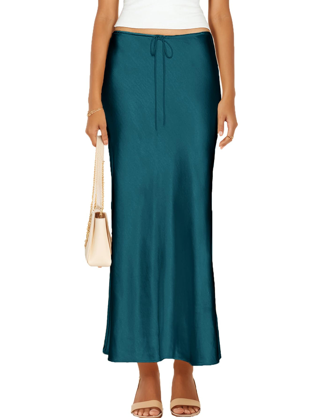 Womens Satin Silk Maxi Skirts Drawstring Flared Casual A-Line Long Skirt for Women