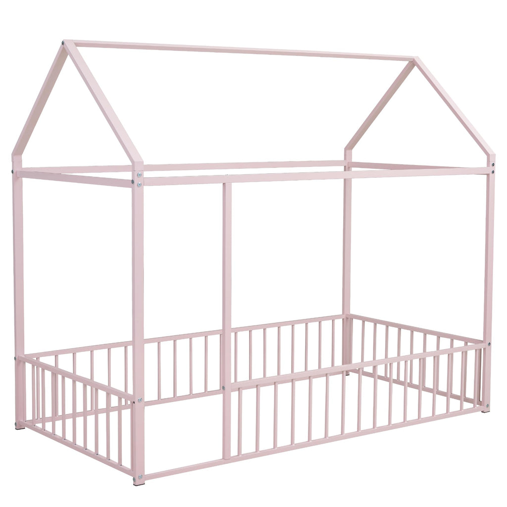Bellemave Twin Size Montessori Floor Bed, Metal House Bed Framefor Kids, Montessori Floor Beds with Fence, Playhouse for Kids,Black
