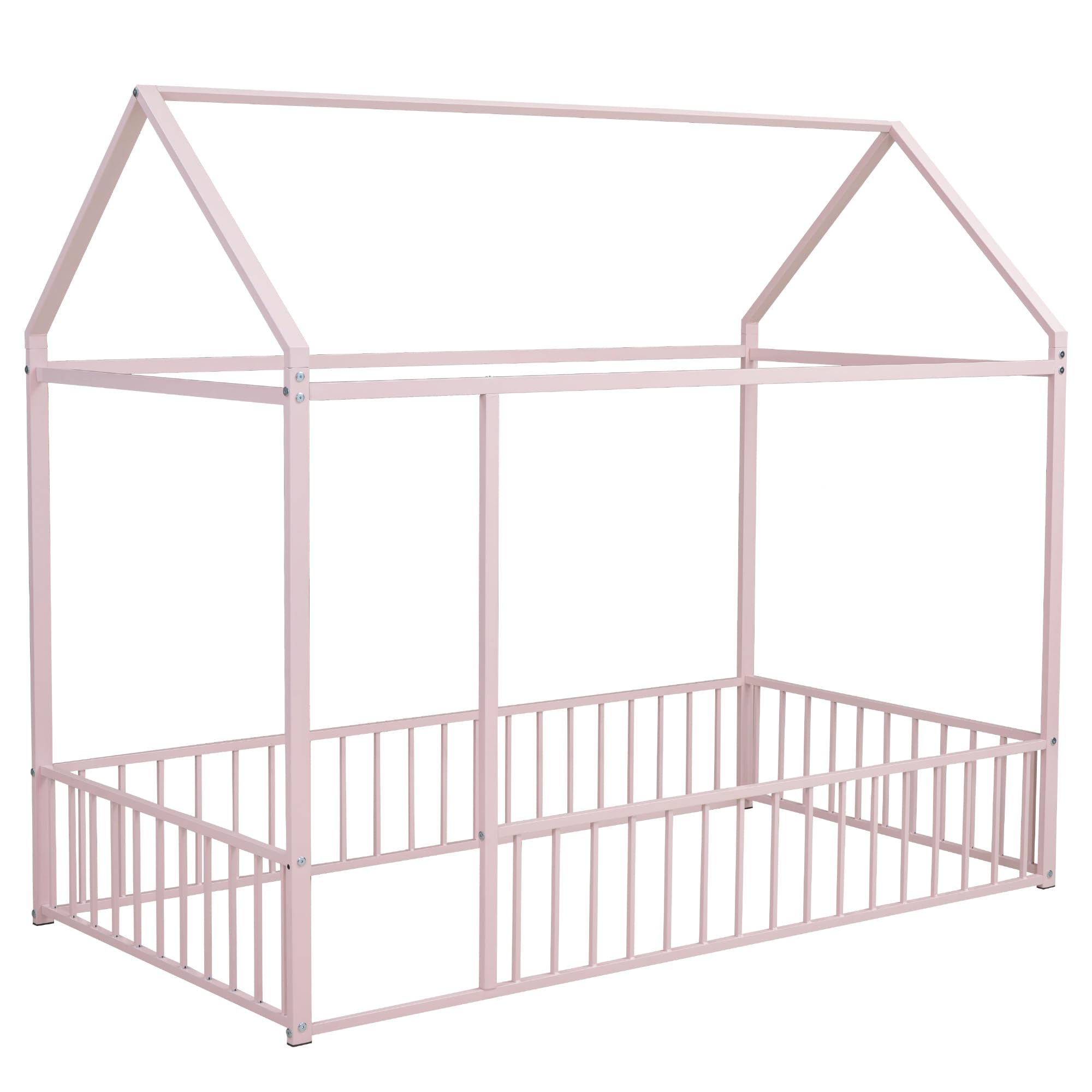 Bellemave Twin Size Montessori Floor Bed, Metal House Bed Framefor Kids, Montessori Floor Beds with Fence, Playhouse for Kids,Black