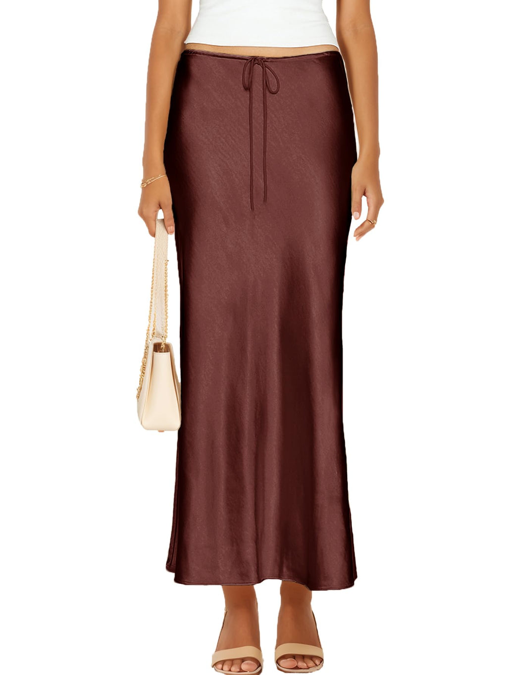 Womens Satin Silk Maxi Skirts Drawstring Flared Casual A-Line Long Skirt for Women