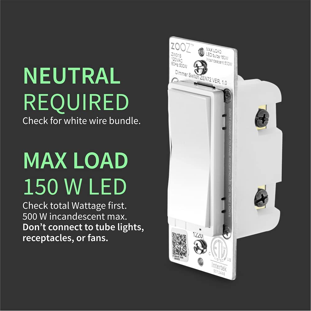 Zooz 800 Series Z-Wave Long Range Toggle Dimmer ZEN74, White | Direct 3-Way (No Add-On Switch Needed) | Z-Wave Hub Required