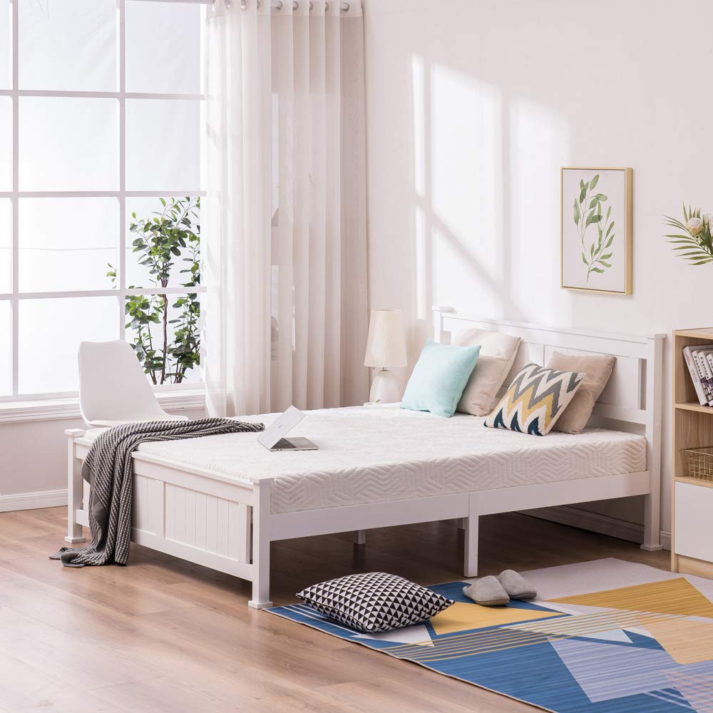 Bonnlo Twin Size Solid Wood Platform Bed Frame, Single Bed with Headboard, No Box Spring Needed Panel Bed, Wood Slat Support Mattress Foundation, White