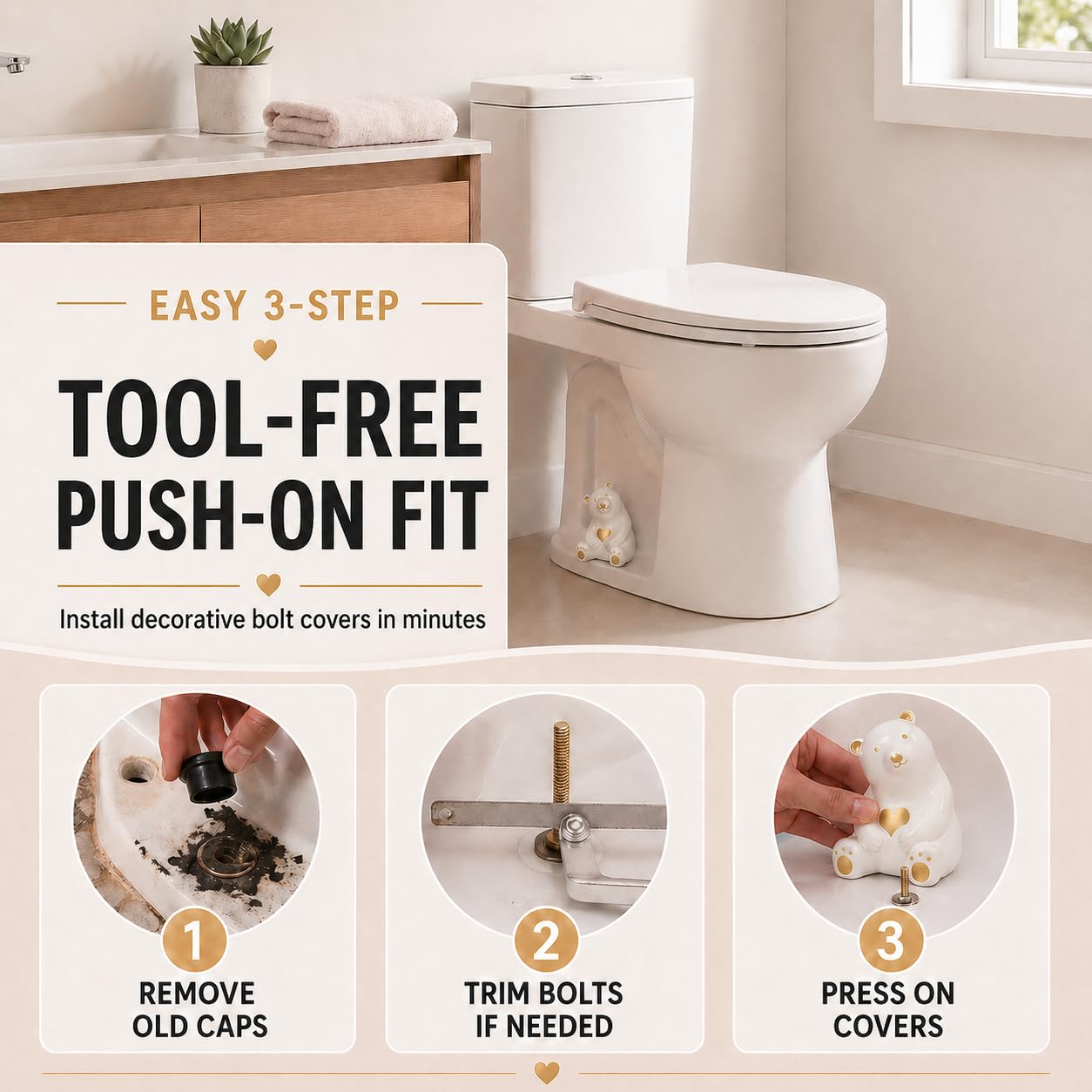 MENNTY Black Polar Bear Toilet Bolt Covers Decorative - 2 Glossy Black Ceramic Toilet Bolt Caps + 4 Universal Toilet Caps for Bottom of Toilet, Modern Monochrome Bathroom Decor