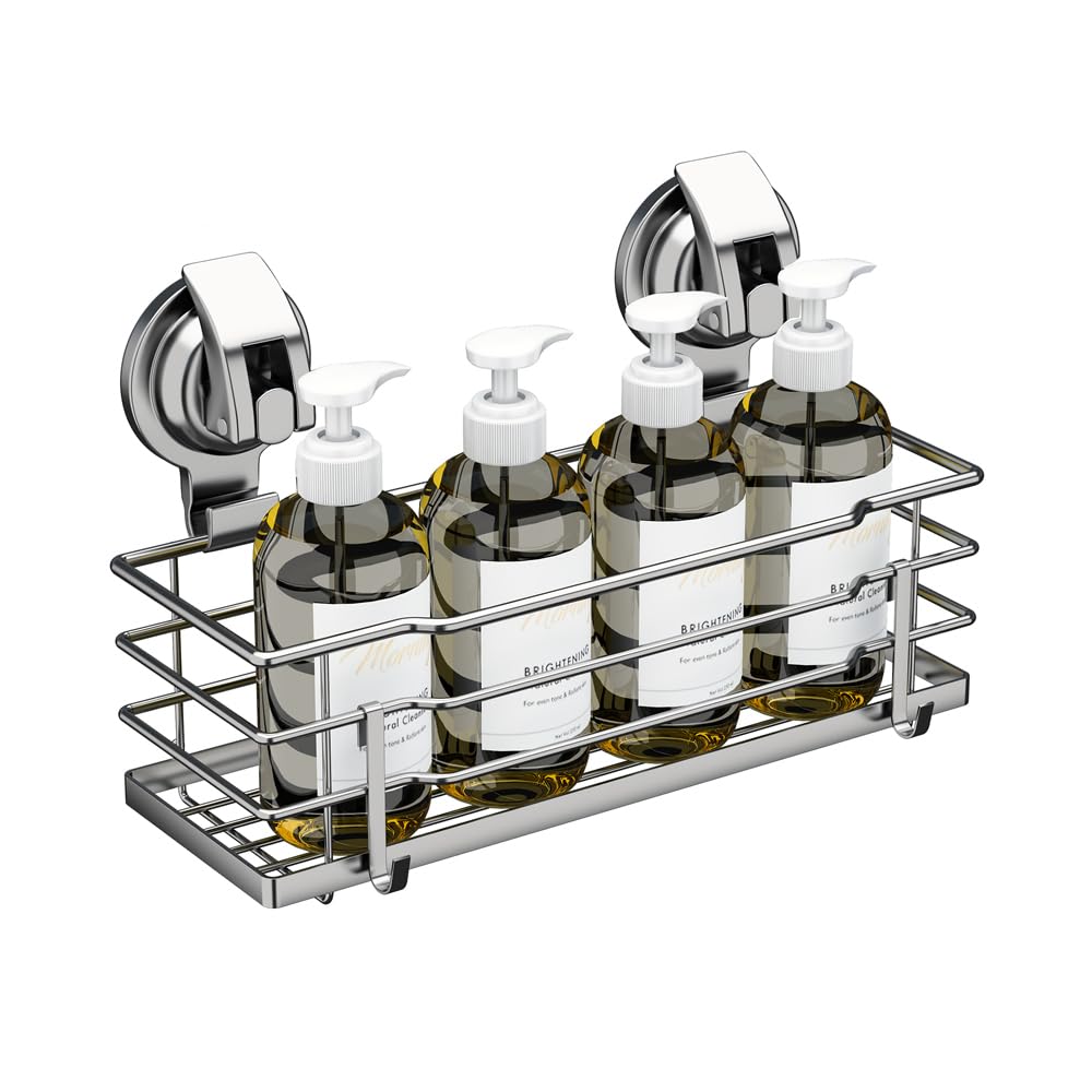 TESOT Suction Cup Shower Caddy, Shower Shelf Soap Dish with Hooks for Razor, Sponge, Rust Proof 304 Stainless Steel, Black