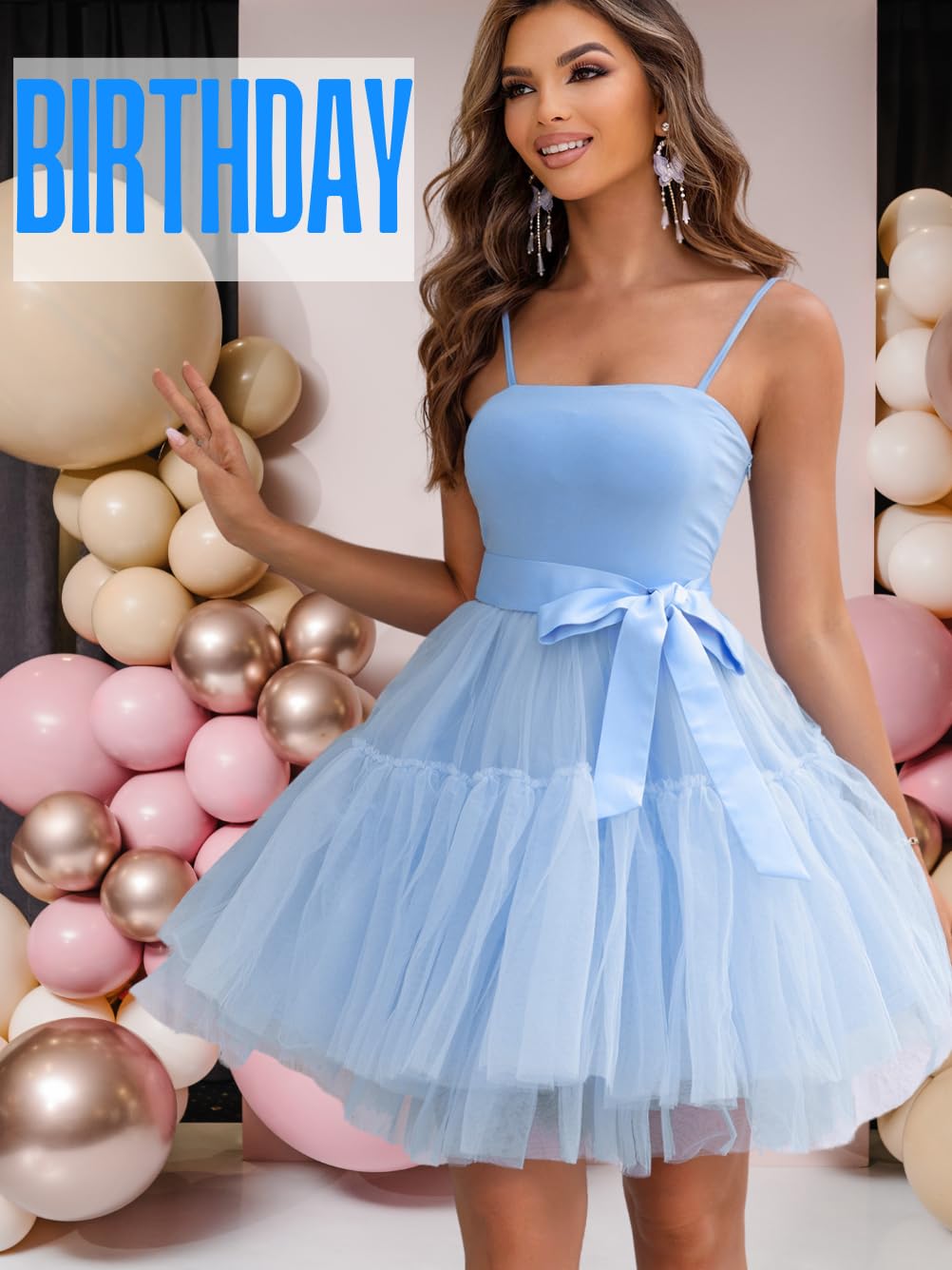 Kaei&Shi Poofy Short Tulle Dress,Spaghetti Strap Semi Formal Dresses for Women,Elegant Birthday Outfit Homecoming Cocktail