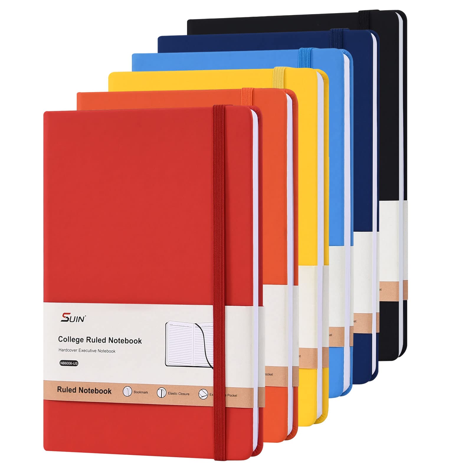 SUIN Hardcover-Journal-Notebooks, A5 Lined Journals Notebook for Writing 200 Pages, 8.2 x 5.5 inch, Classic Ruled Notebooks for Work/Travel/College (Black - 6 Pack)