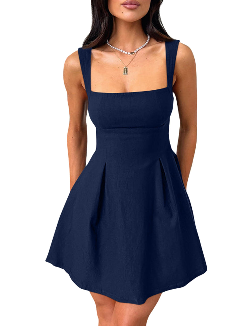 YMDUCH Women's Sexy Sleeveless Square Neck Adjustable Straps Bow Tie A-line Mini Party Club Dress