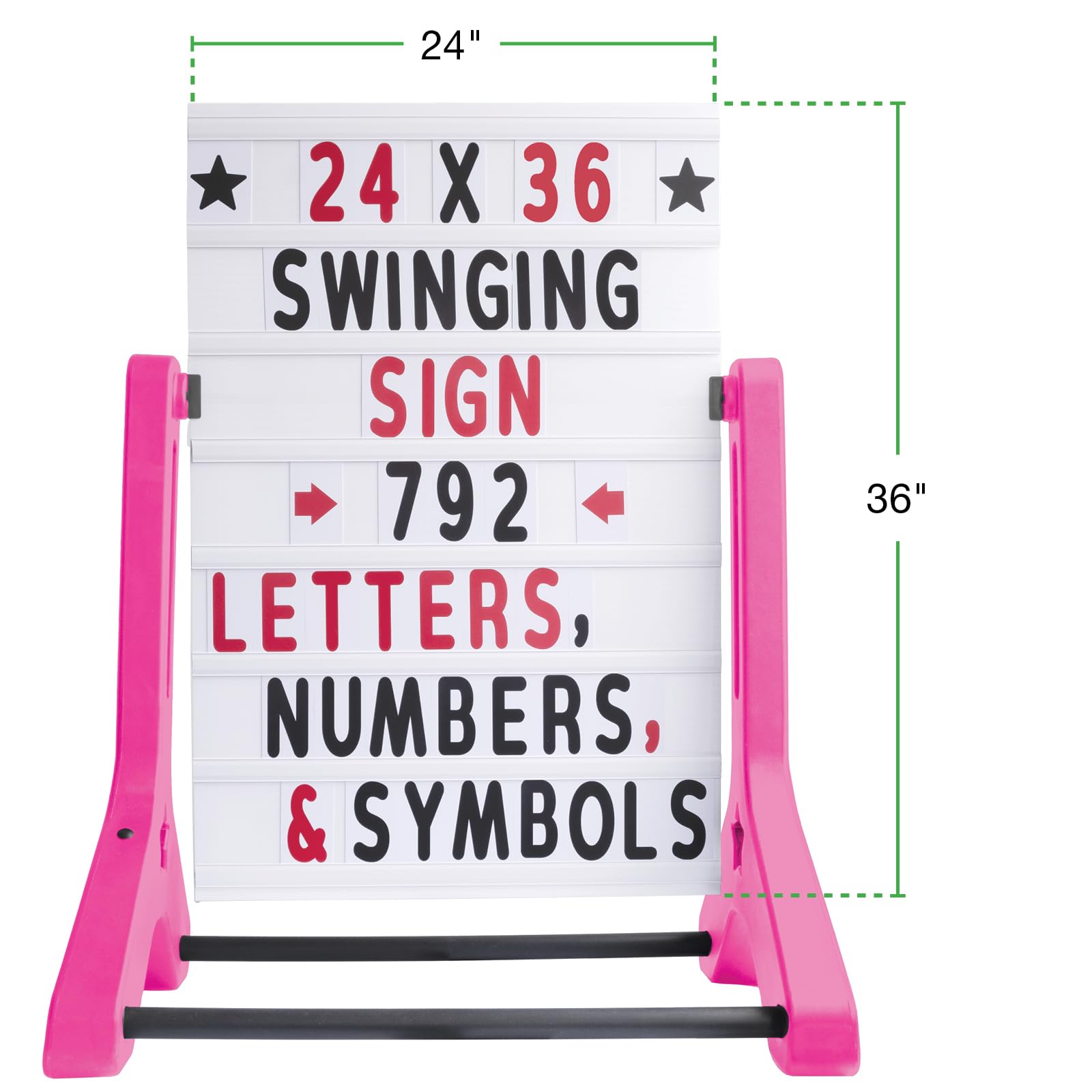 Swinging Changeable Message Sidewalk Sign: 24" x 36" Sign with 792 Pre-Cut Double Sided Letters and Storage Box. Includes Black Board & Letter Board (Black Color Legs)