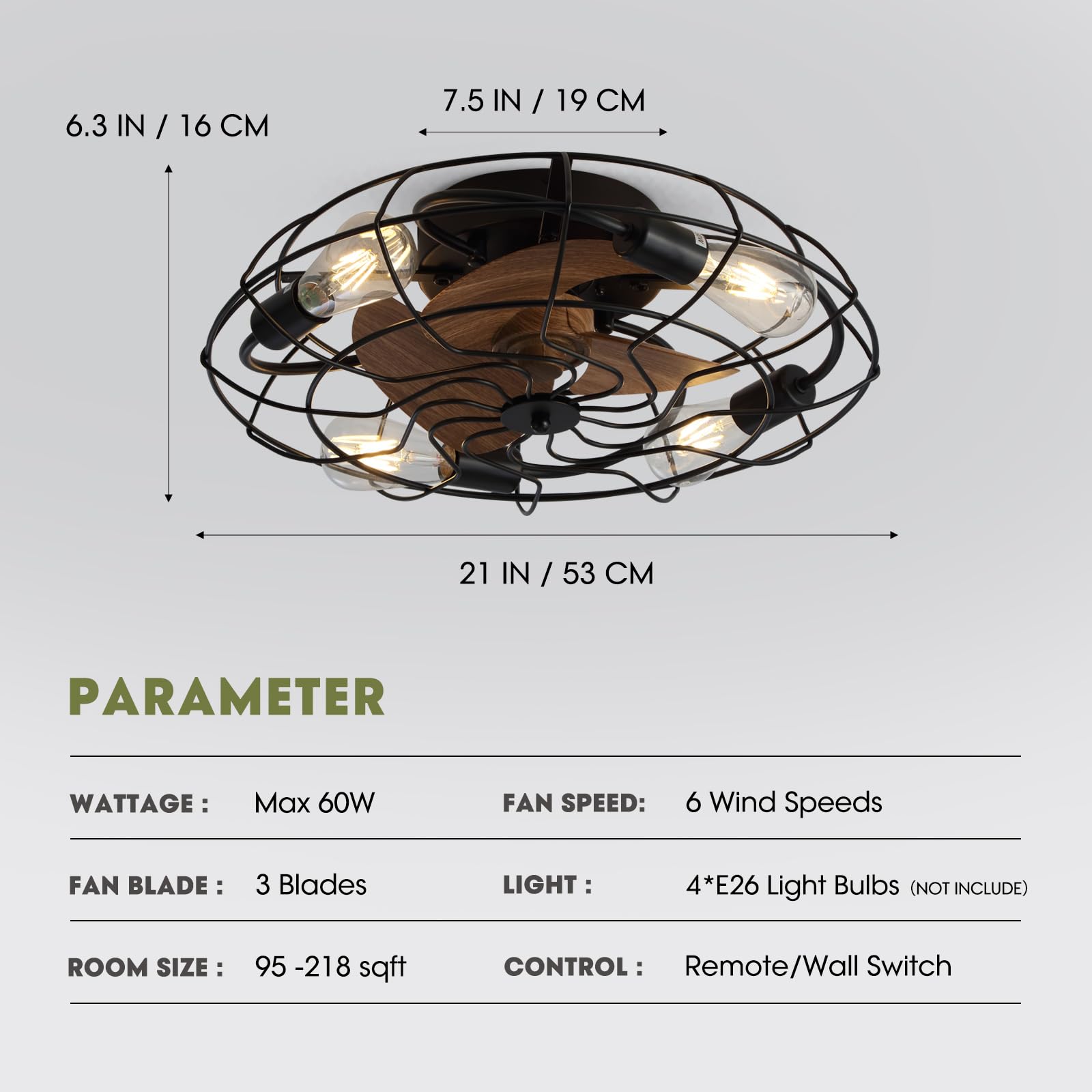 LUDOMIDE Caged Ceiling Fan Light with Remote, 21" Small Flush Ceiling Light with 3 Enclosed Blades and 6 Wind Speeds for Bedroom, Living Room