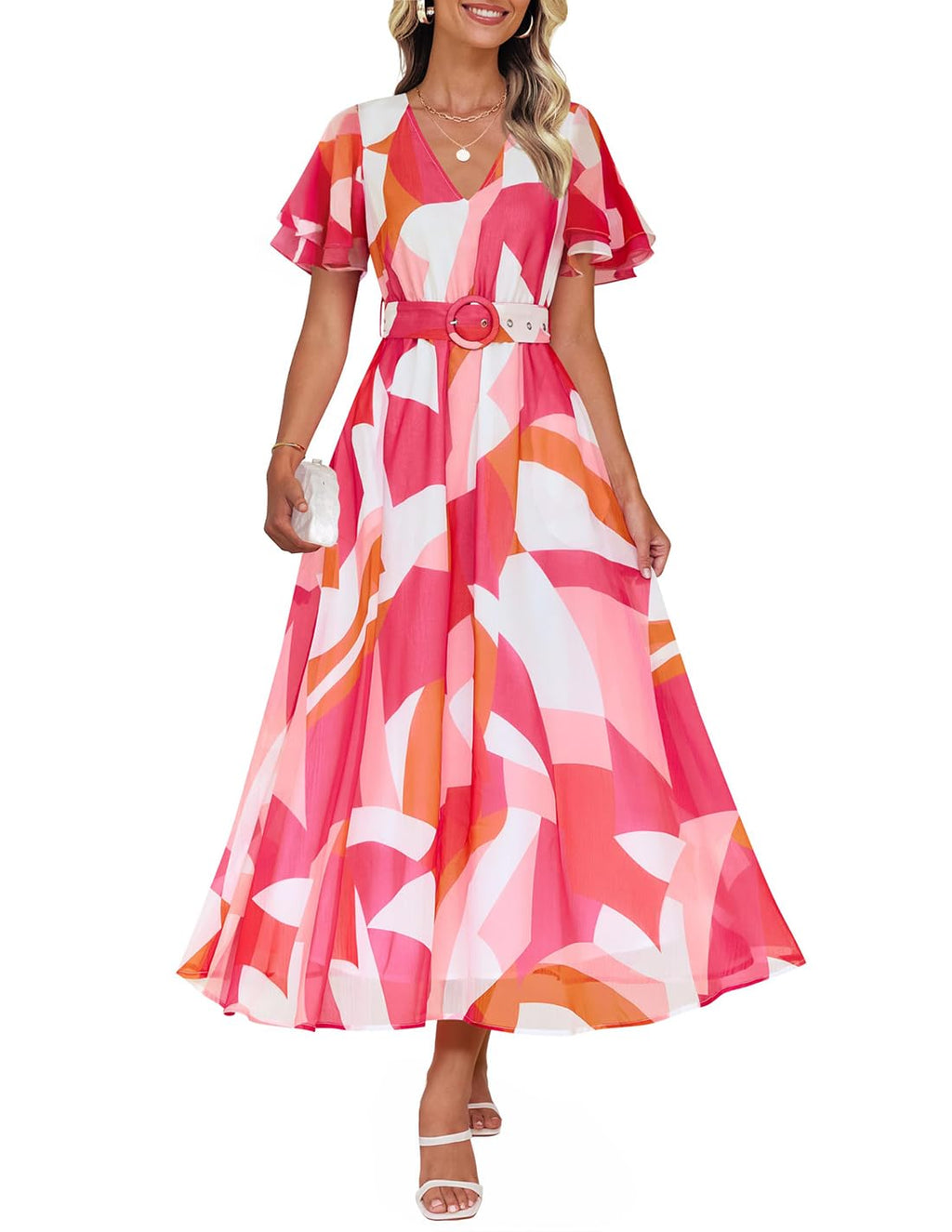 ZESICA Women's 2026 Summer Floral V Neck Midi Dress Boho Short Sleeve High Waist Flowy Beach Vacation Dresses with Belt