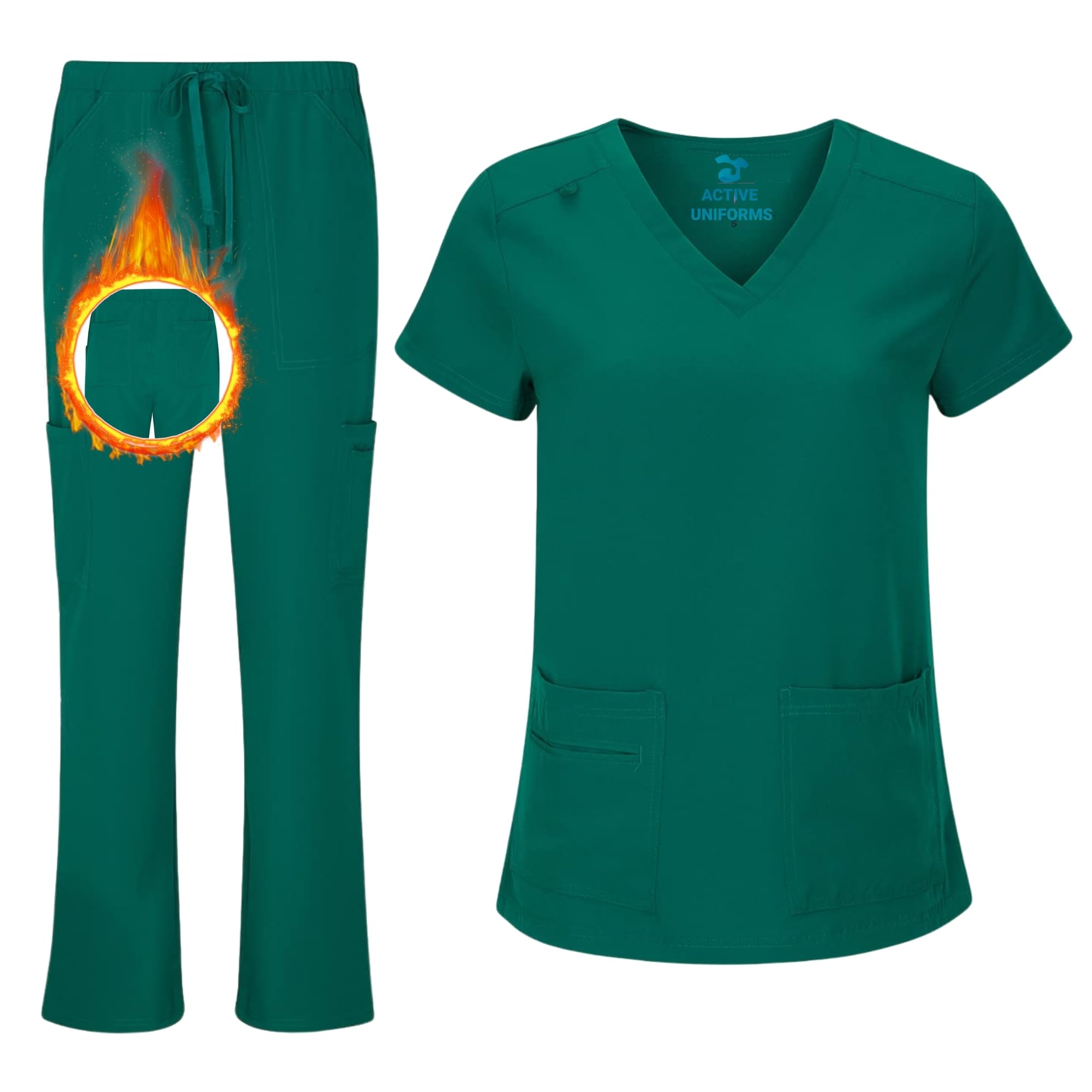 Women's Cool Stretch V-Neck Top and Cargo Pant Scrub Set with Regular and Petite Sizes