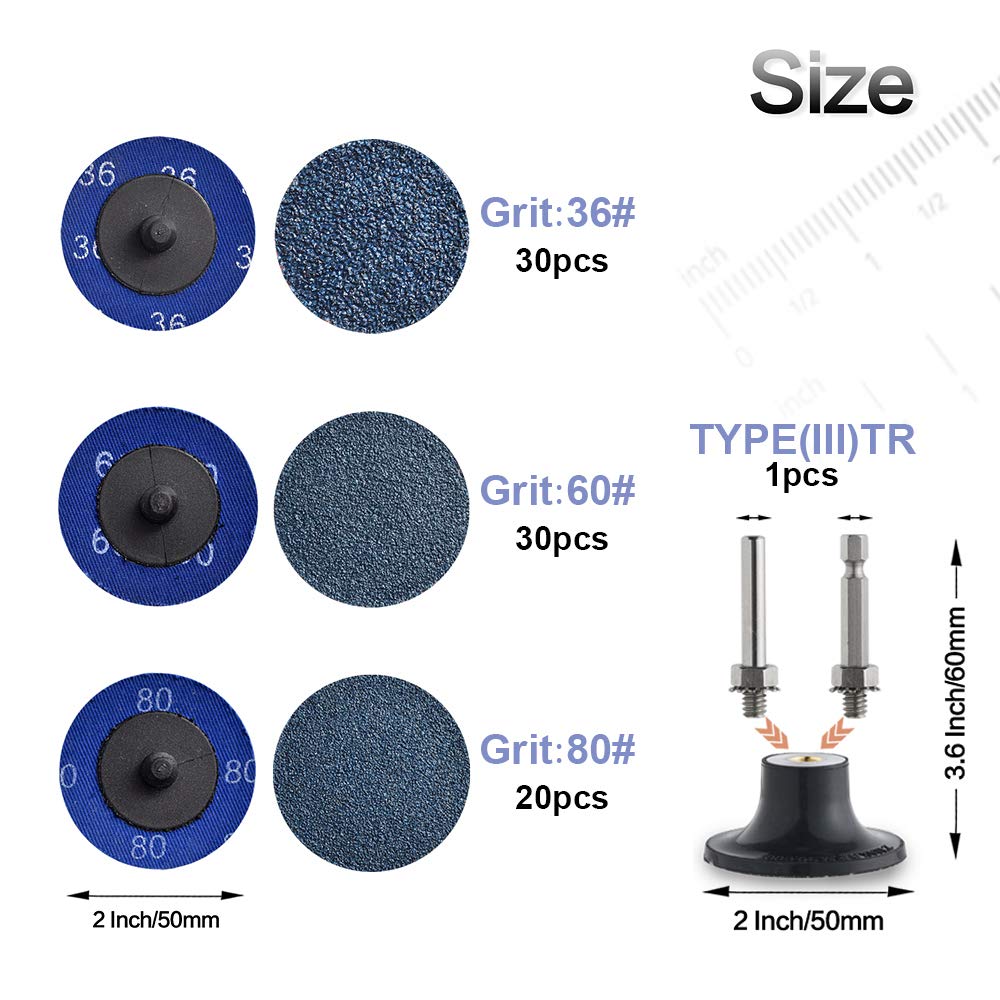 Tshya Quick Change Grinding Disc, 50 Pcs 2 inch Sanding Discs, Zirconia Coated Twist on Disc for Surface Prep (36 Grit)