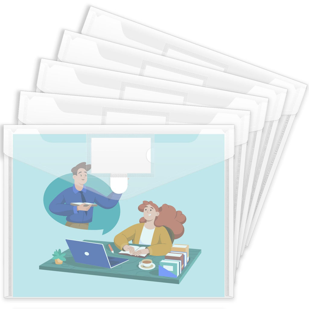 Sooez 5 Pack Plastic Envelopes Poly Envelopes, Clear Document File Folders US Letter A4 Size File Envelopes with Label Pocket for School Home Work Office Organization, Clear