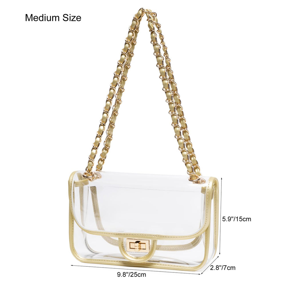 Womens PVC Clear Purse Handbag with Chain Stadium Approved Clear Bag See Through Bag for Working and Concert