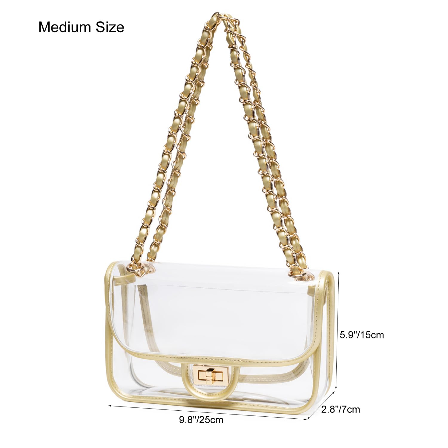 Womens PVC Clear Purse Handbag with Chain Stadium Approved Clear Bag See Through Bag for Working and Concert