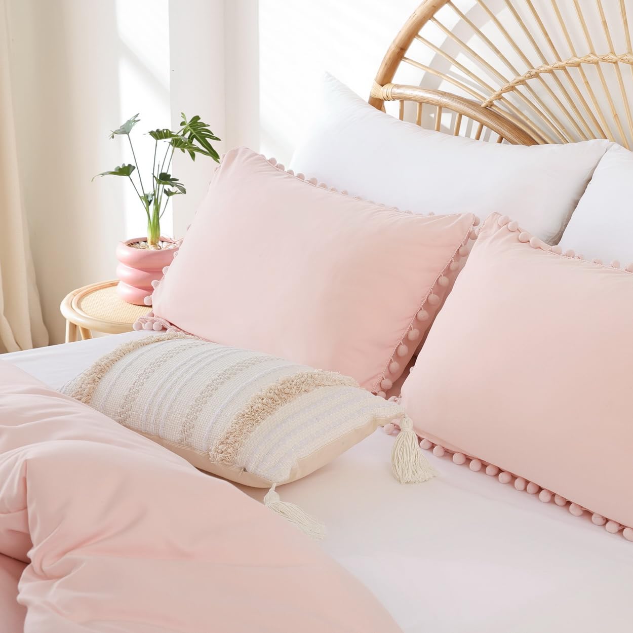 YIRDDEO Twin Comforter Set - Comforter Twin Size Bed with Ball Pom Fringe, Soft Bedding Set for All Seasons - 2 Pieces, 1 Comforter (66"x90") & 1 Pillow Sham(20"x26"), Beige