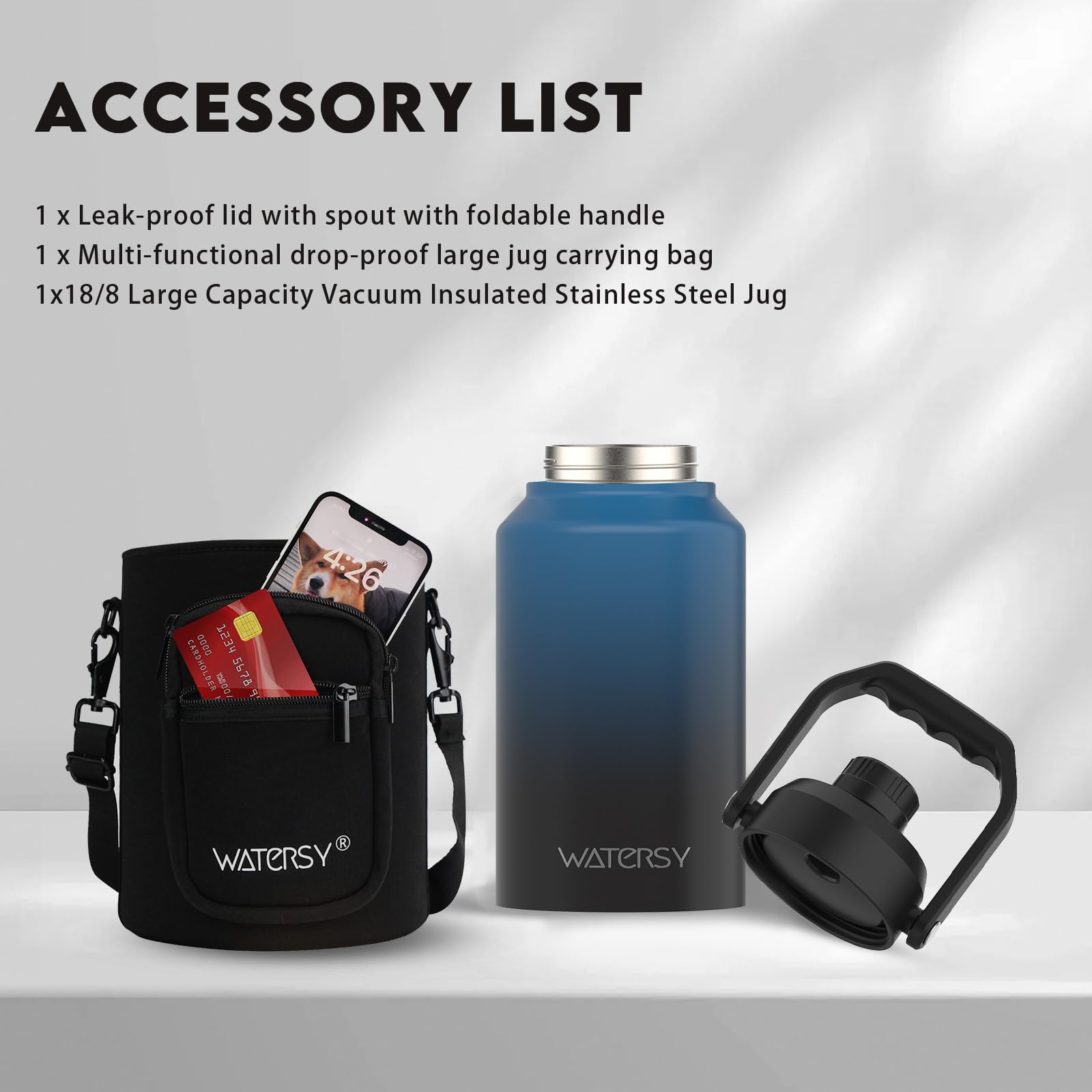 WATERSY Half Gallon Water Bottle Insulated(Cold for 48 Hrs),BPA Free&Leak Proof,64oz Stainless Steel Water Jug/Flask,Big thermo,Large Water Bottle with Handle for Gym,Hiking,Camping,Black