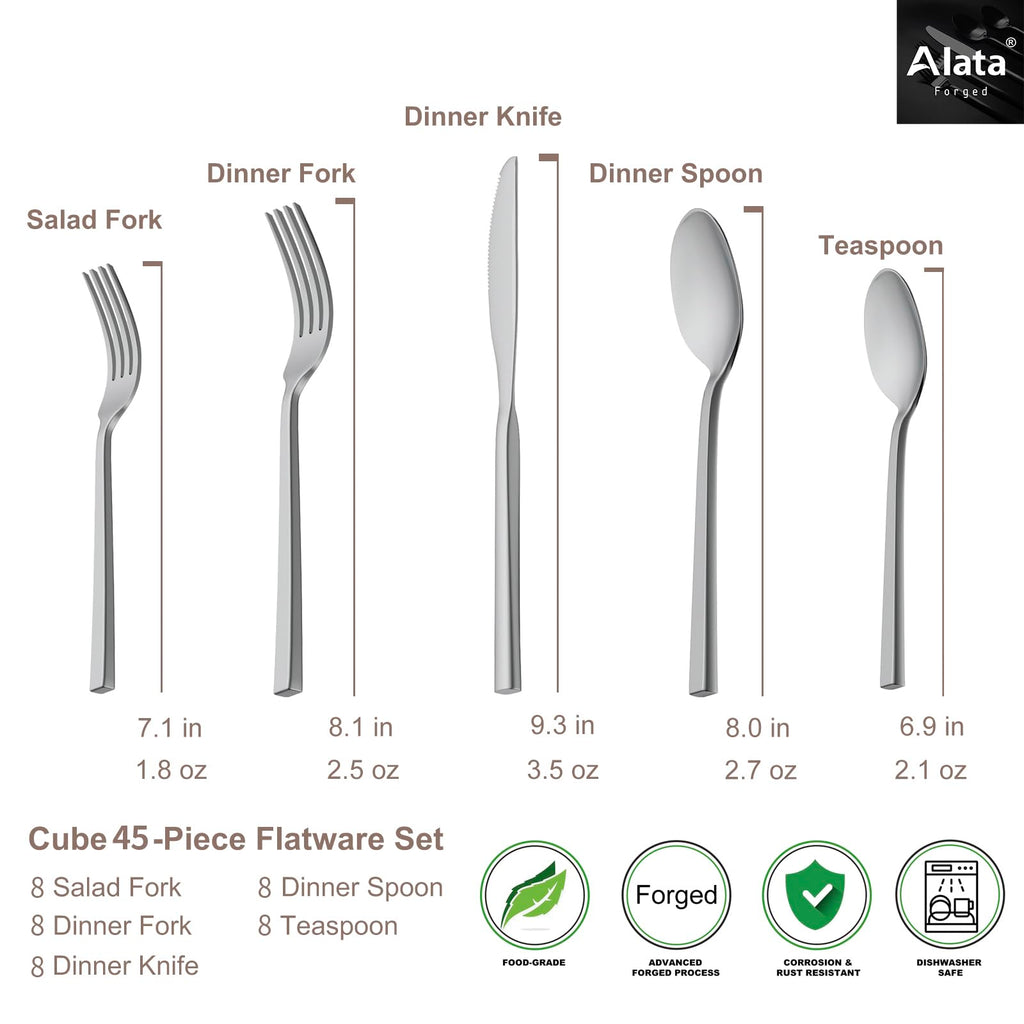 Alata Cube Black 20-Piece Forged Silverware Set Stainless Steel Flatware Set,Service for 4,Matte Satin Polished Cutlery Set,Dishwasher Safe