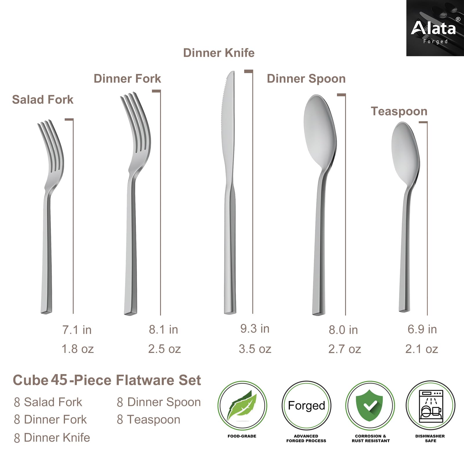 Alata Cube Black 20-Piece Forged Silverware Set Stainless Steel Flatware Set,Service for 4,Matte Satin Polished Cutlery Set,Dishwasher Safe