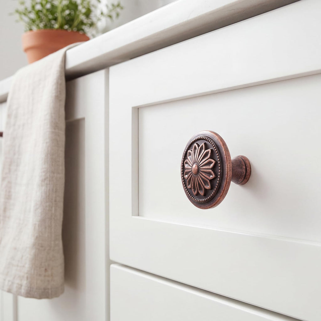 4 Pack Antique Brass Cabinet Knobs Vintage,1-2/5" Round Antique Kitchen Handles for Cabinets and Drawers Vintage Brass Dresser Drawer Knobs
