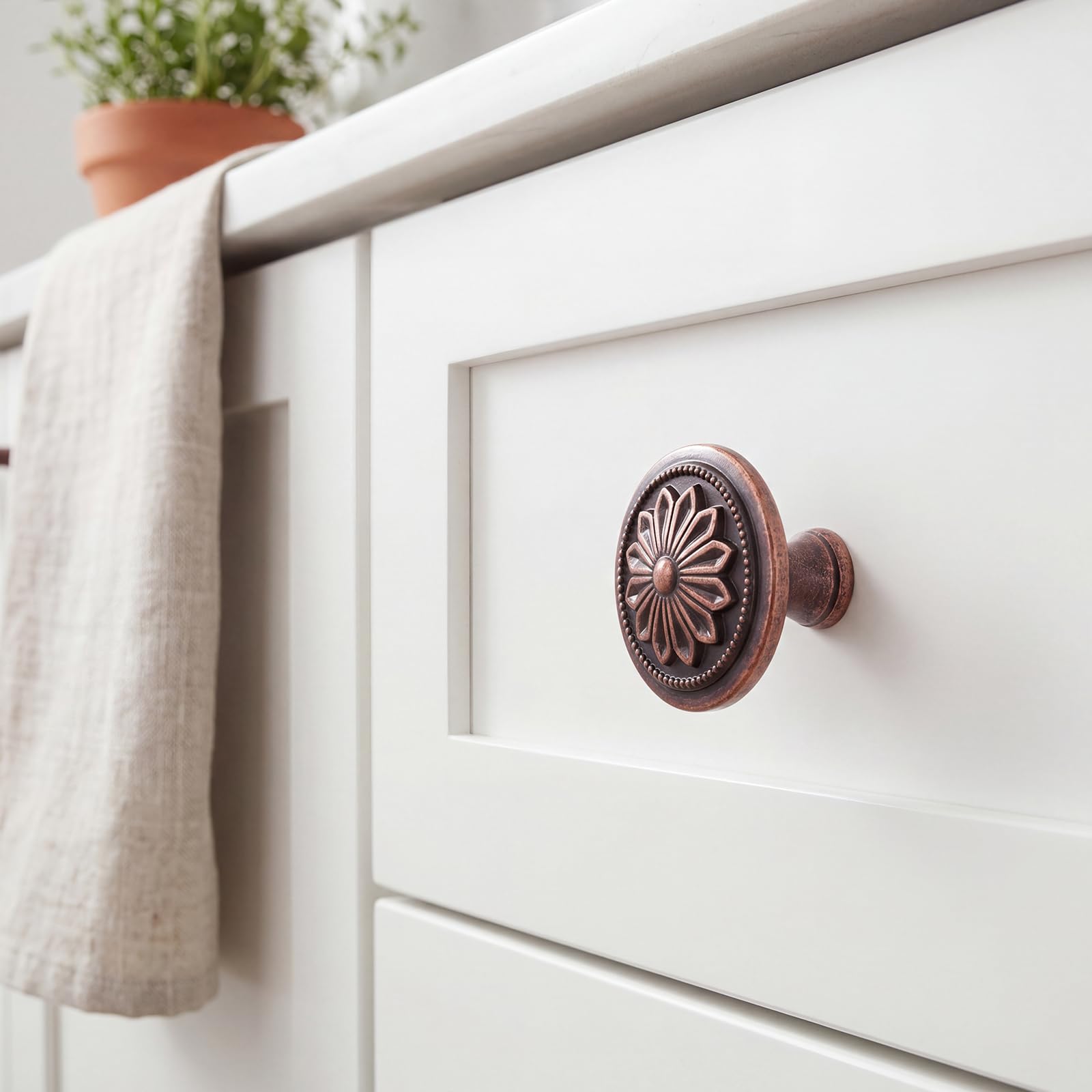 4 Pack Antique Brass Cabinet Knobs Vintage,1-2/5" Round Antique Kitchen Handles for Cabinets and Drawers Vintage Brass Dresser Drawer Knobs