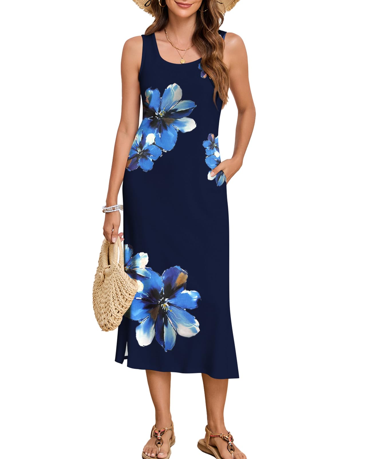 Naggoo Women's Sleevelee Tank Dress Midi Summer Casual Scoop Neck Basic Split Maxi Tshirt Sundresses with Pockets
