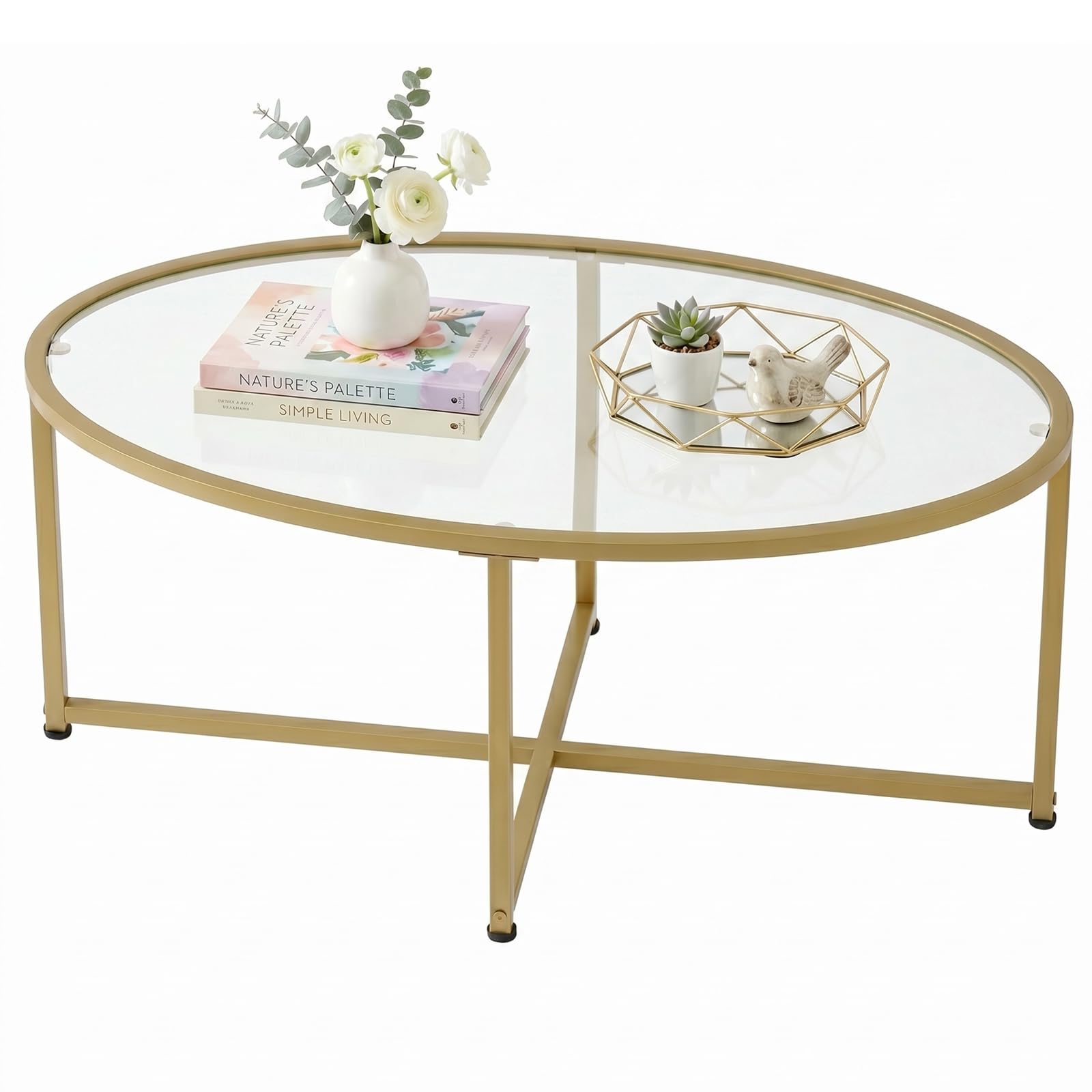 Wolawu Coffee Table Gold Oval Glass Coffee Tables for Living Room,Modern Gold Metal Frame Tea Tables for Small Space, Tempered Glass Top Center Table with Stable Cross Base for Bedroom, Office,Balcony