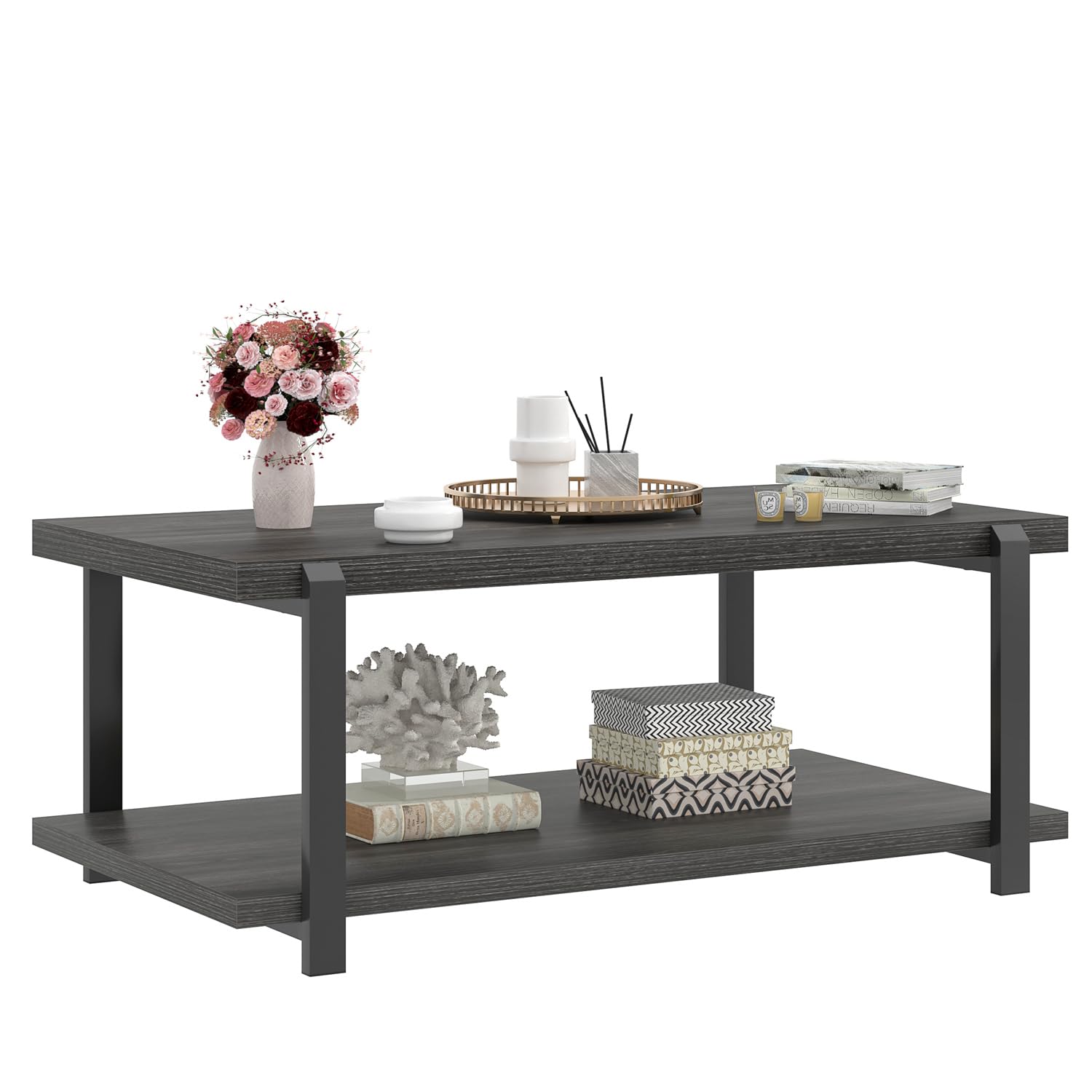 FOLUBAN Black Coffee Table, Modern Rustic Wood Center Table with Storage for Living Room, Industrial Rectangle 2 Tier Cocktail Tea Table, Black Oak