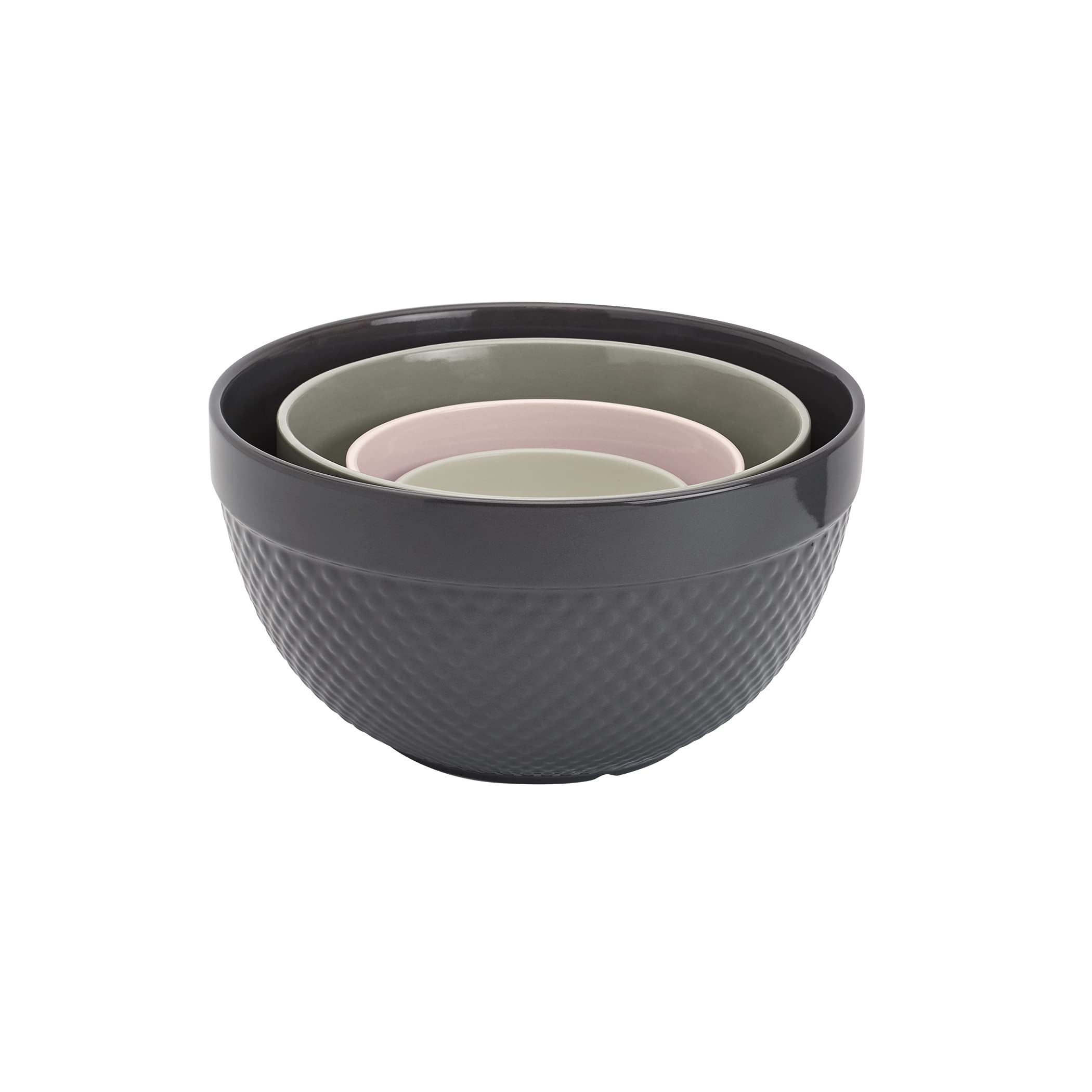 TTU Tabletops Gallery Hobnail Style 4 Piece Timeless Grey Stoneware Nesting Mixing Bowl Set for Baking and Cooking