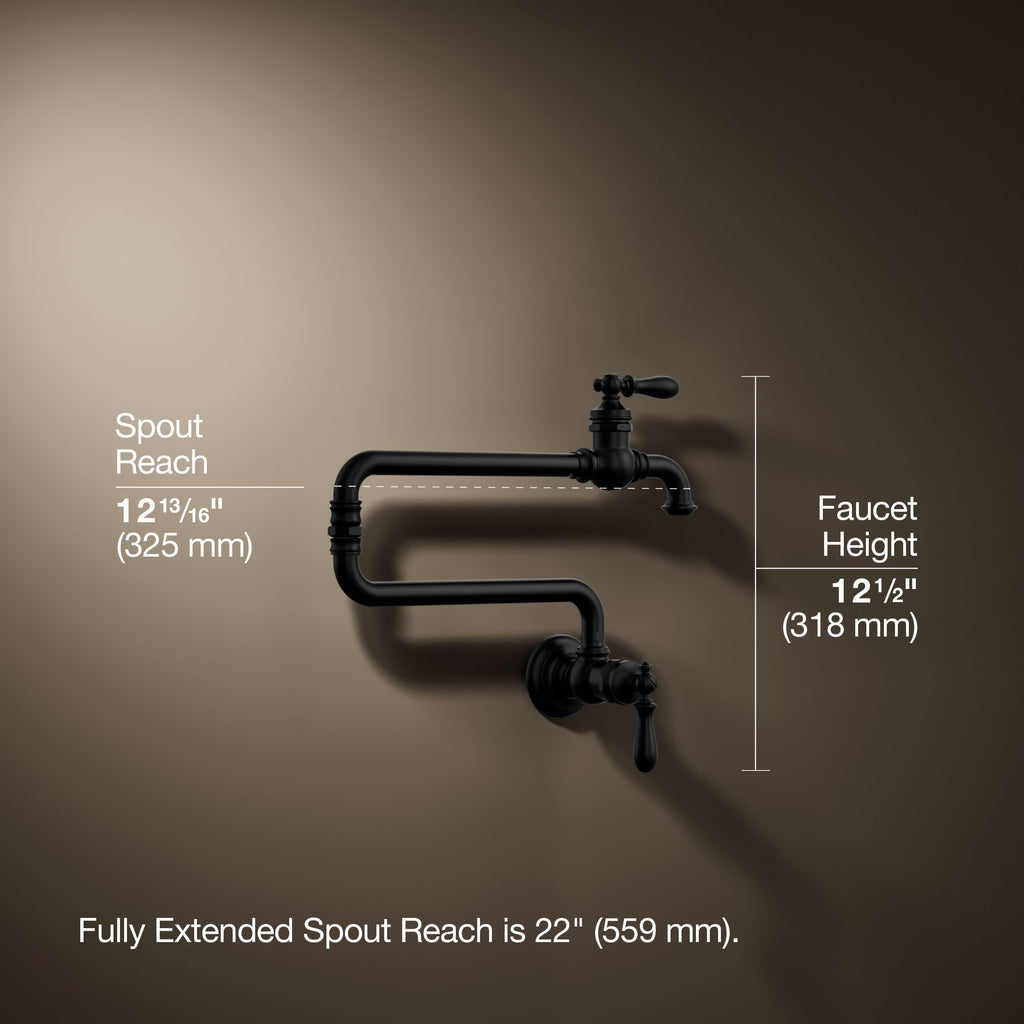 KOHLER 99270-BL Artifacts Wall-Mount Pot Filler, Pot Filler Faucet, Black Pot Filler, Kitchen Sink Pot Filler Faucets, Matte Black