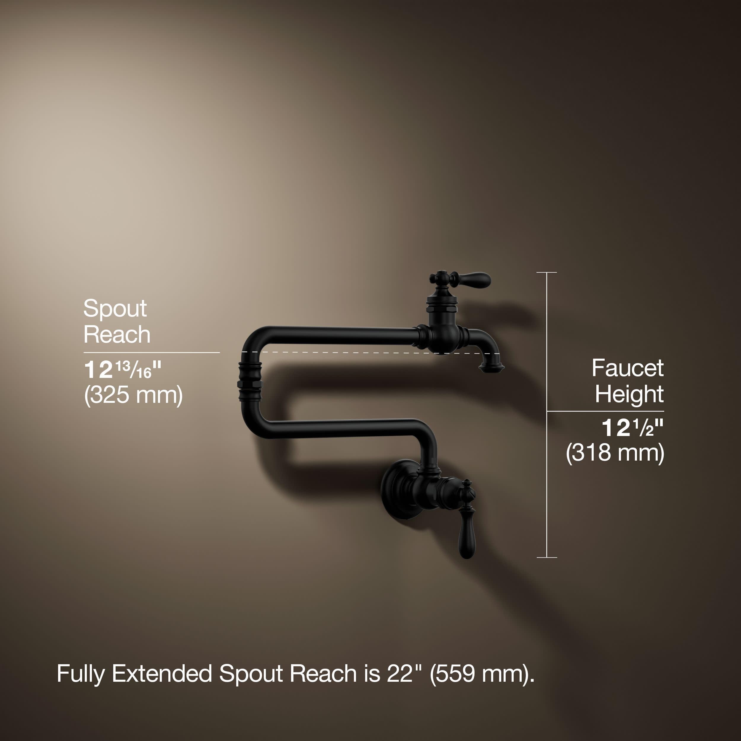KOHLER 99270-BL Artifacts Wall-Mount Pot Filler, Pot Filler Faucet, Black Pot Filler, Kitchen Sink Pot Filler Faucets, Matte Black