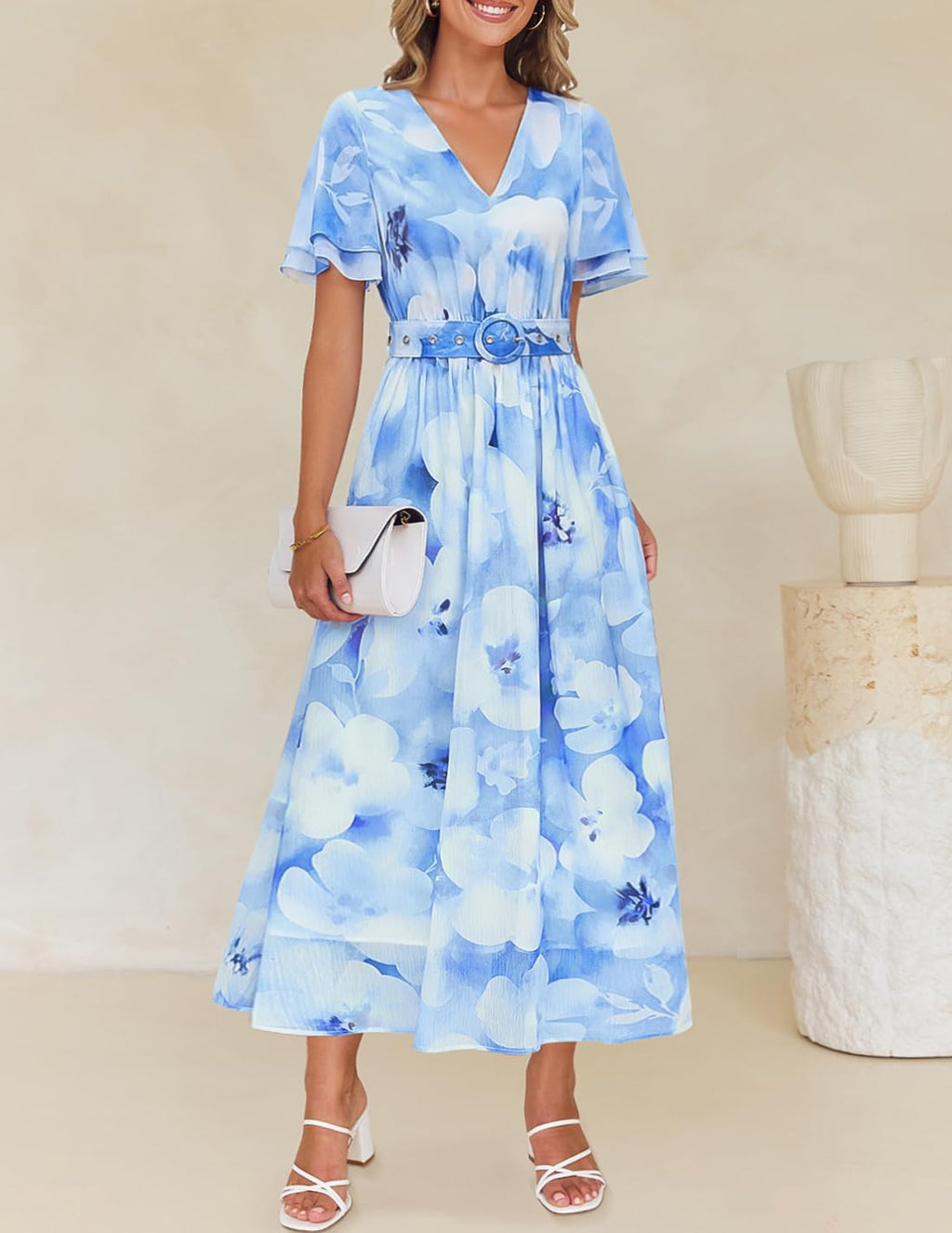 ZESICA Women's 2026 Summer Floral V Neck Midi Dress Boho Short Sleeve High Waist Flowy Beach Vacation Dresses with Belt