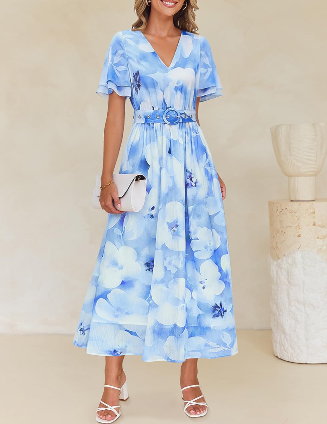 ZESICA Women's 2026 Summer Floral V Neck Midi Dress Boho Short Sleeve High Waist Flowy Beach Vacation Dresses with Belt