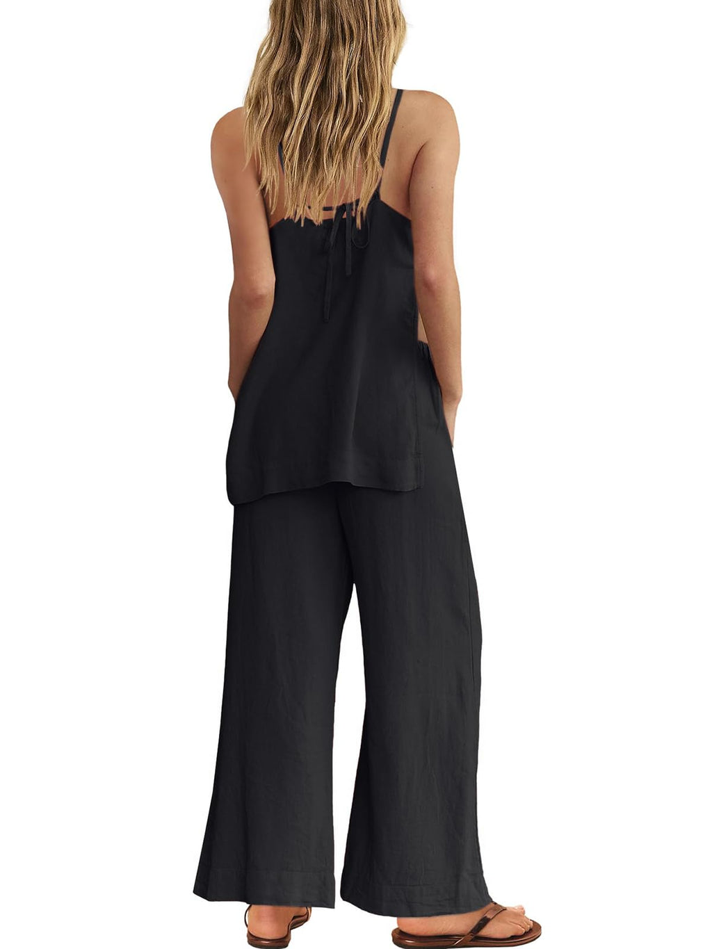 Dokuritu Linen Sets for Women 2 Piece Summer Spaghetti Strap Top Wide Leg Pant Set Beach Vacation Travel Outfits with Pockets
