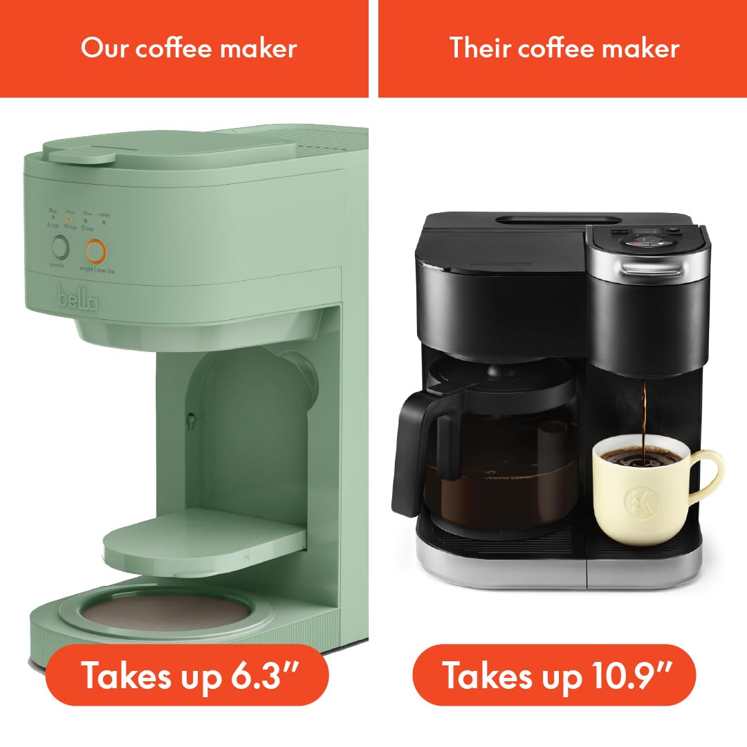 BELLA VersaBrew 2-in1 Coffee Maker, K-Cup compatible, Brew 3 Sizes Carafes & Single Serve Cups, Dishwasher Safe Reusable Filter & Filter Holder, Iced Coffee Function, 60oz Tank, Blossom