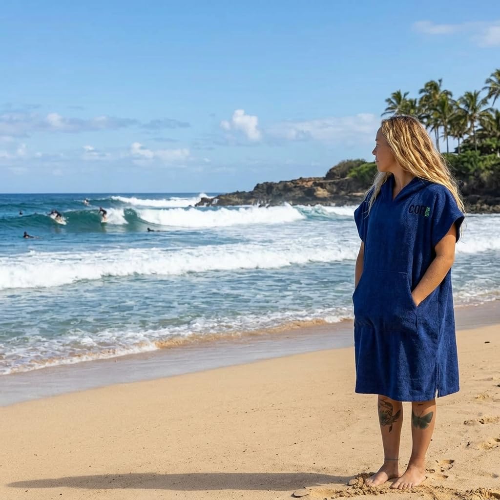 COR Surf Poncho Changing Towel Robe with Hood and Front Pocket | Thick Quick Dry Microfiber Wetsuit Poncho Towel for Surfing Beach Pool Swim (Medium, Cobalt)