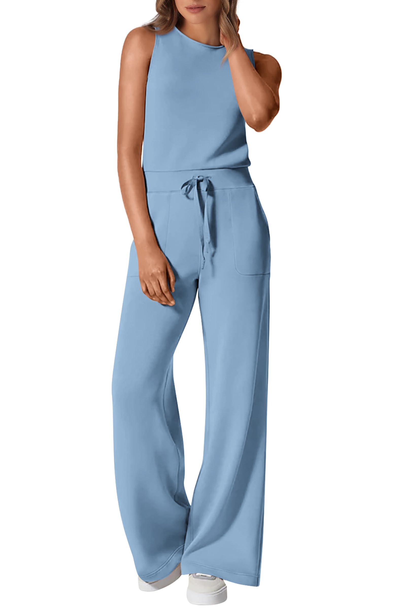 PRETTYGARDEN Jumpsuits for Women Casual 2026 Summer Sleeveless Wide Leg Pants Rompers One Piece Beach Vacation Spring Outfits