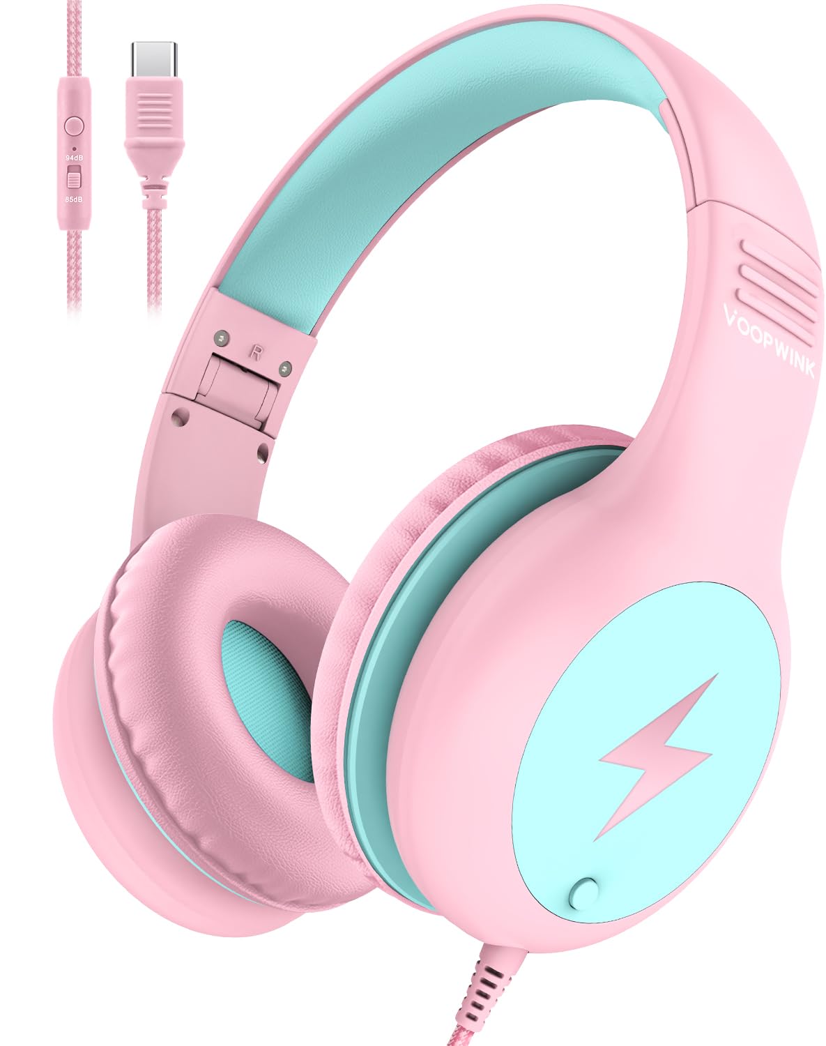 Voopwink Kids Headphones Wired with Microphone, USB Type C Headphones for Kids Girls Boys with Cord/LED Lights/85/94dB Volume Limit, Portable Over Ear Headphones for School/Travel/Tablet/iPad