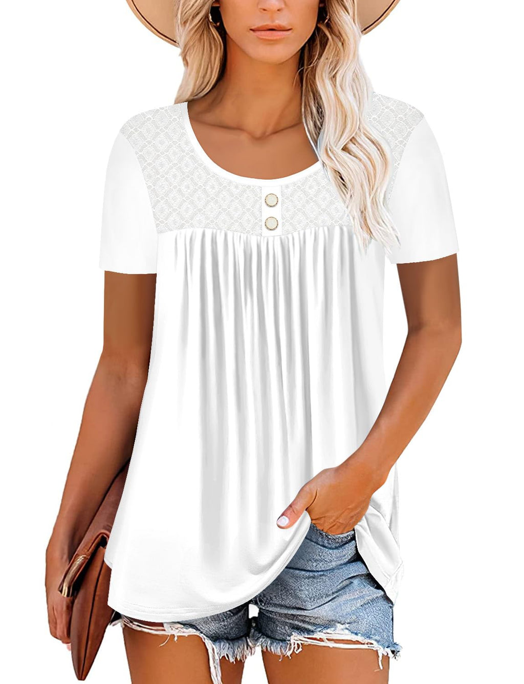 Mystry Zone Womens Henley V Neck Casual Blouse Button Down T Shirts Flare and Flowy Tops