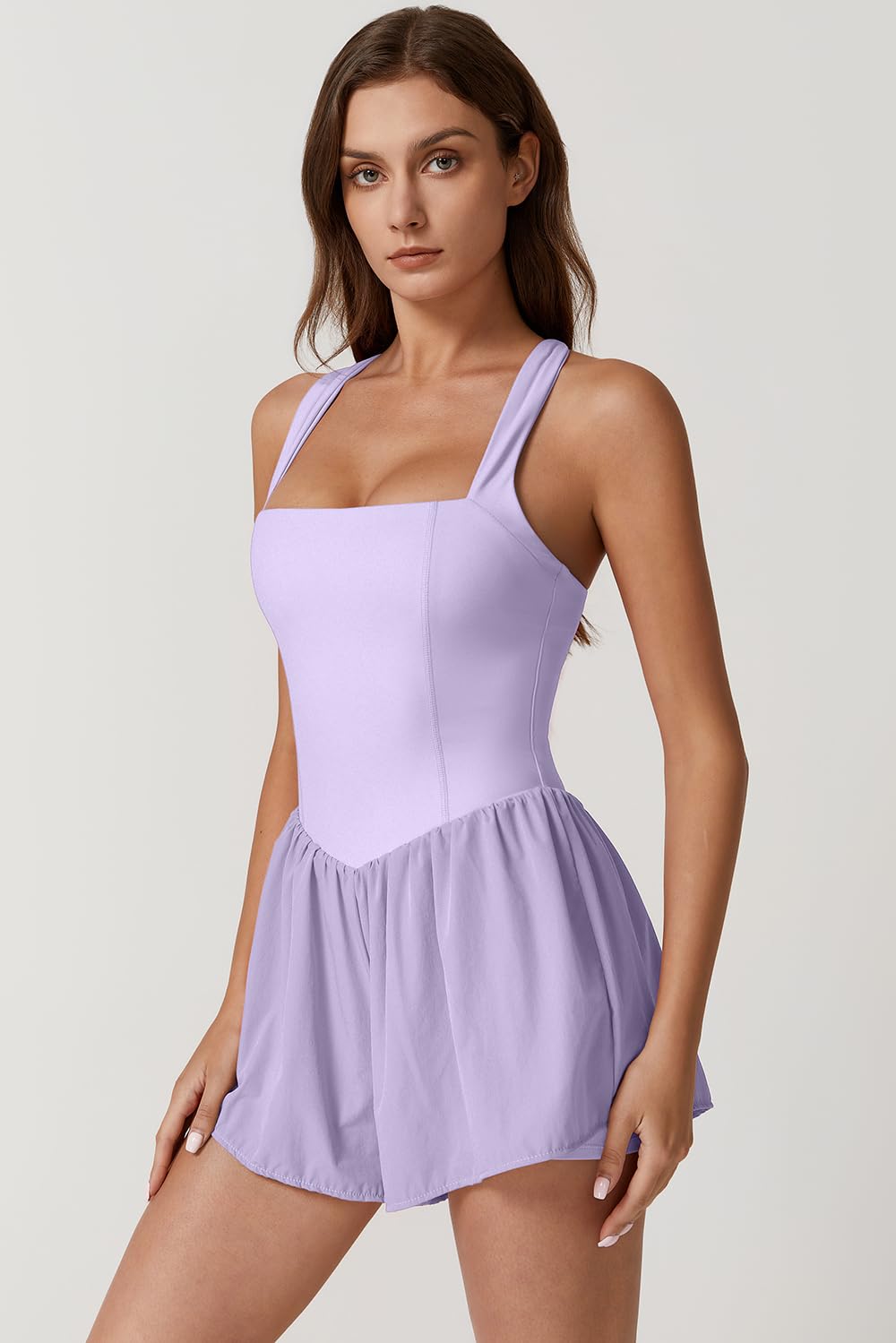 QINSEN Women's Square Neck Sleeveless Romper Jumpsuit Casual Summer One Piece Outfit with Pocket