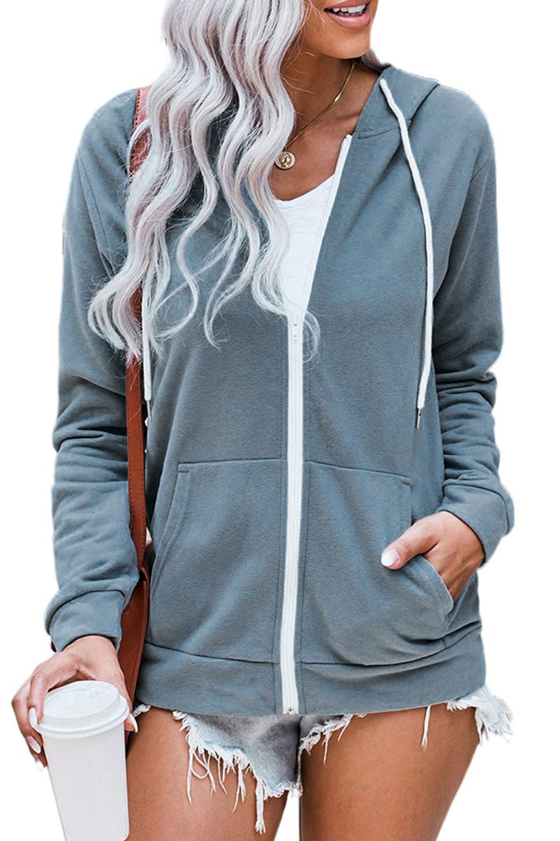 WROLEM Women Casual Full Zip Up Hoodie Comfy Loose Long Sleeve Sweatshirt Solid Color Jacket with Pockets