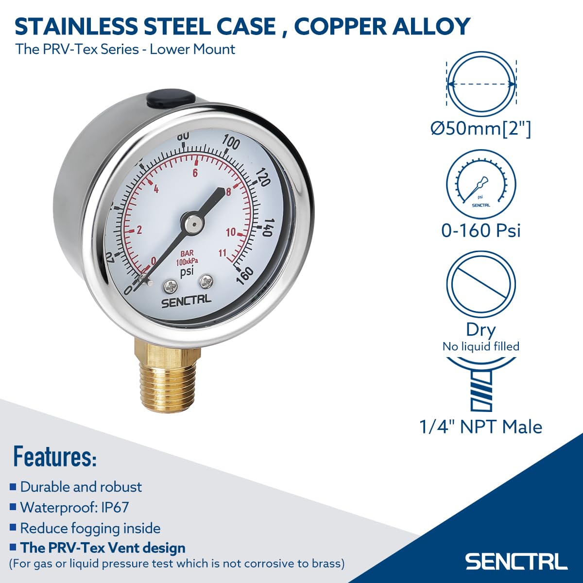 SENCTRL 30inHg Vacuum Pressure Gauge, 2" Dial, 1/8 NPT Lower Mount, Waterproof, Stainless Steel Case, for Tube Tester, HVAC, Pneumatic Air Compressor, Hand Pump, Valve Test