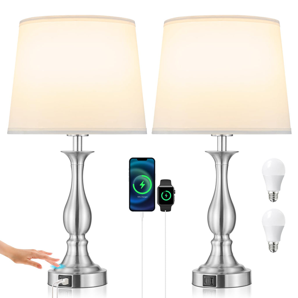 Bedside Table Lamp Touch Control Bedroom Lamps with USB A and C Charging Port 3 Way Dimmable Touch Lamps for Nightstand Living Room Bedroom Dorm Home Office Reading, Set of 2