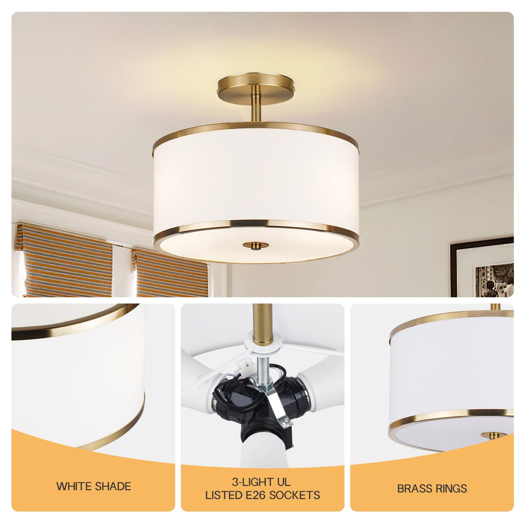 CALOKES Semi Flush Mount Ceiling Light, 11.8" Modern 3-Light Fixture with Petal-Shaped Cream White Fabric Shade and Golden Support Arm, Ideal for Bedroom, Kitchen, Living Room, Hallway, and Entryway