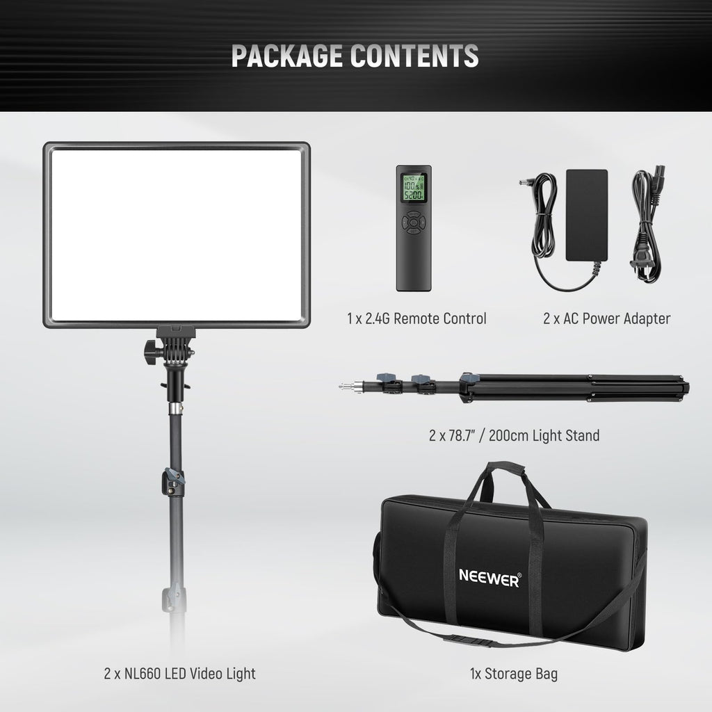 NEEWER RGB168 18.3" RGB LED Video Panel Light with App Control, Bluetooth, 2 Pack Tripod Stand Kit, 60W/360° Full Color/2500-8500K/CRI97+, Studio Photography/YouTube/Game Streaming