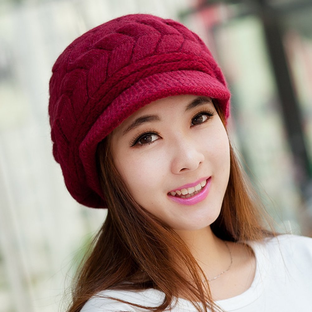 Women Winter Warm Knit Hat Wool Snow Ski Caps with Visor