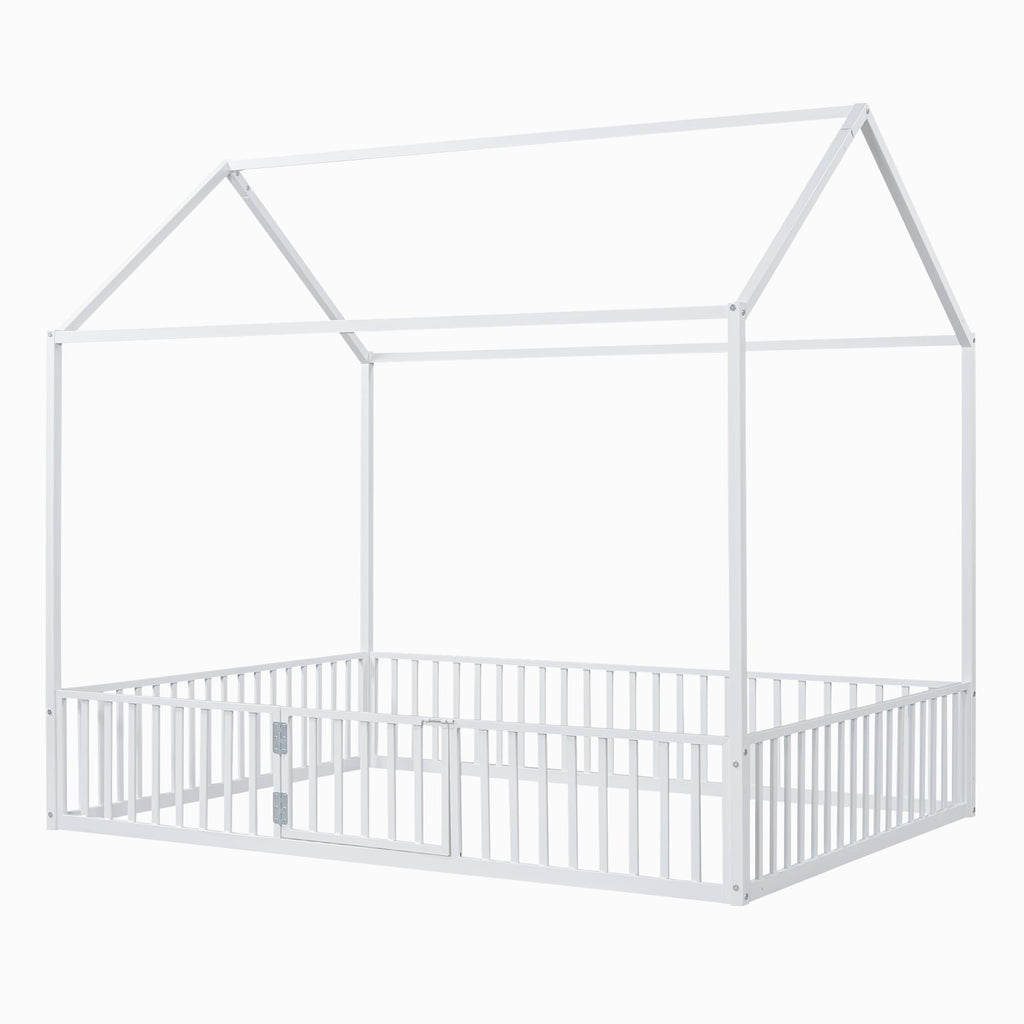 Bellemave Twin Size Montessori Floor Bed, Metal House Bed Framefor Kids, Montessori Floor Beds with Fence, Playhouse for Kids,Black