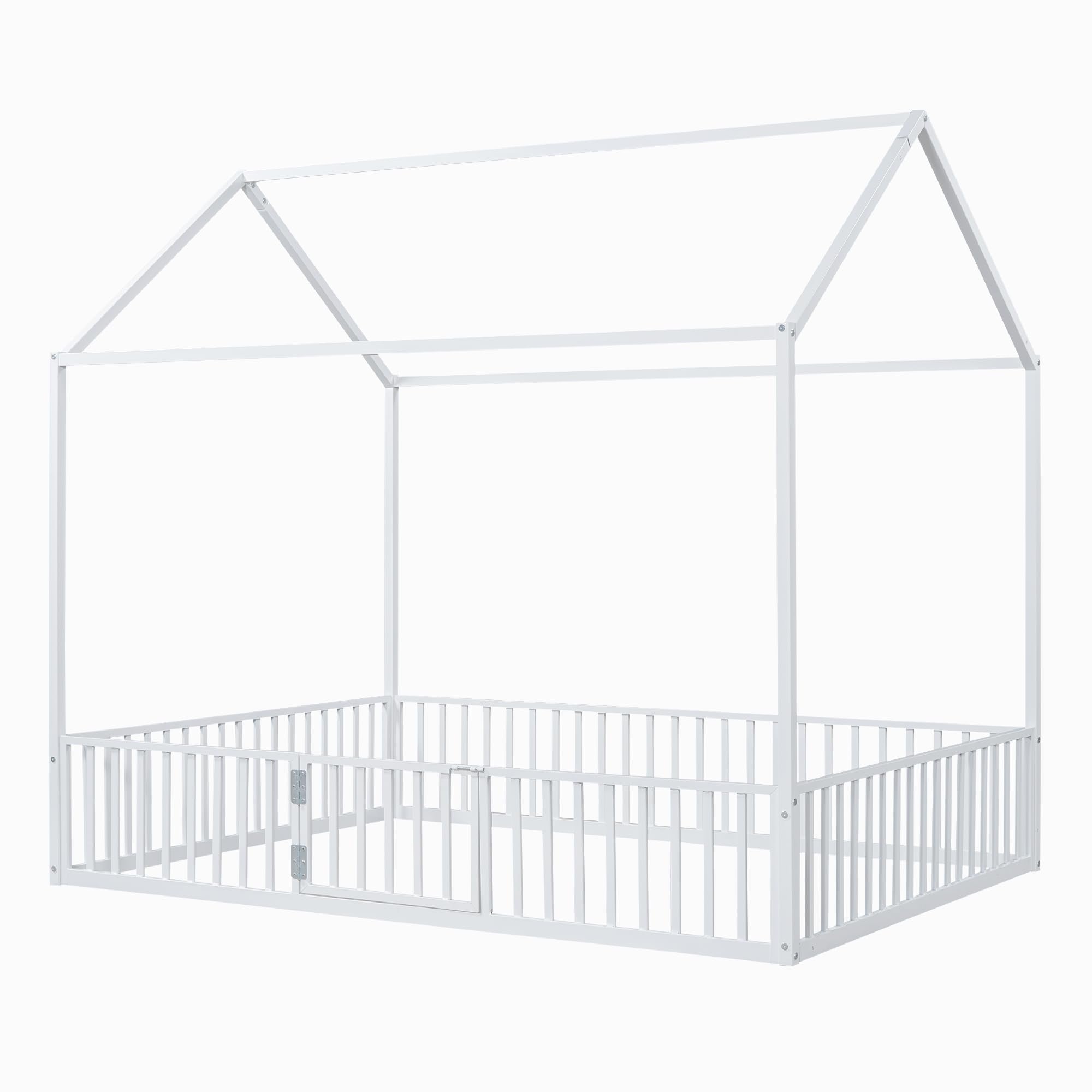 Bellemave Twin Size Montessori Floor Bed, Metal House Bed Framefor Kids, Montessori Floor Beds with Fence, Playhouse for Kids,Black